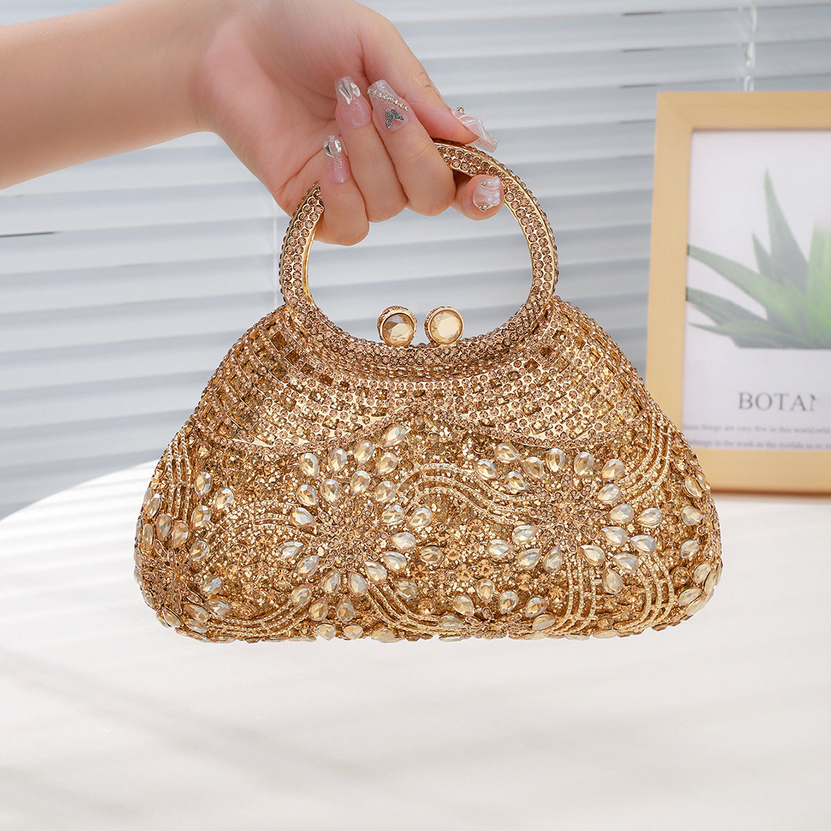 Ornate Crystal Top-Handle Bag — Sculpted Jewel Design