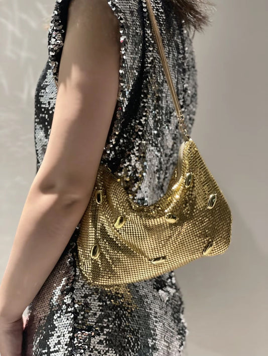 Golden Mesh Hobo Bag — Sculpted Metallic Shine