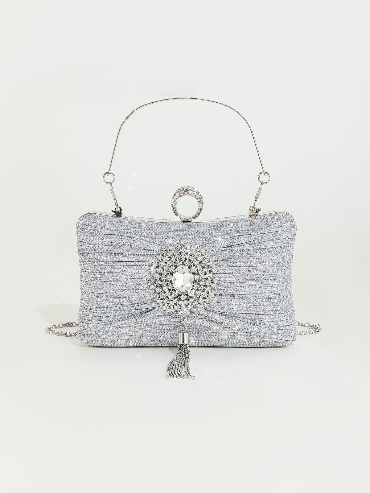 Crystal-Embellished Clutch — Sculpted Silver Shine