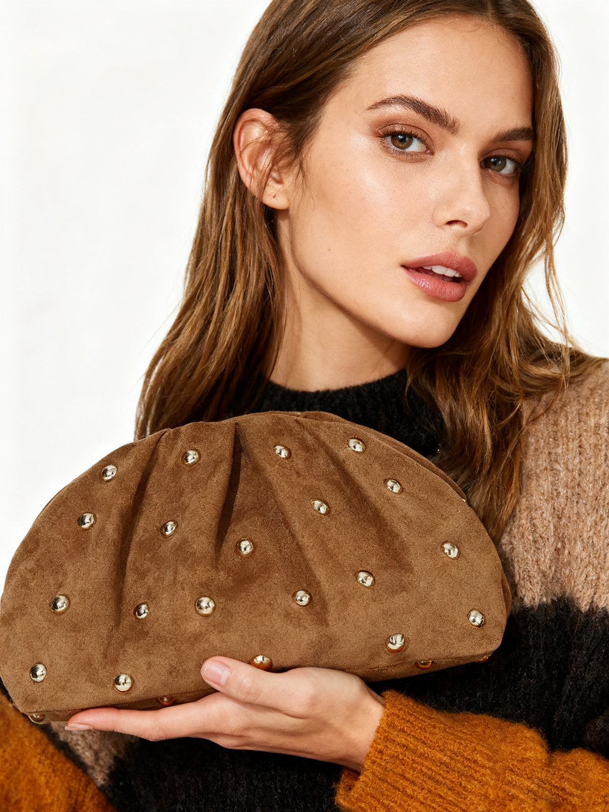 Sculpted Studded Clutch — Soft Ruched Evening Bag