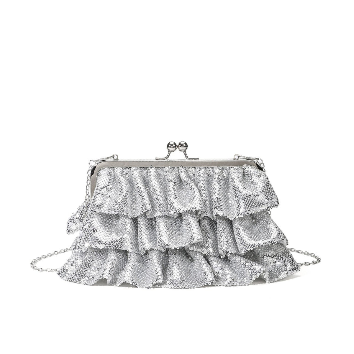 Silver Ruffle Sequin Clutch — Evening Bag with Chain Strap