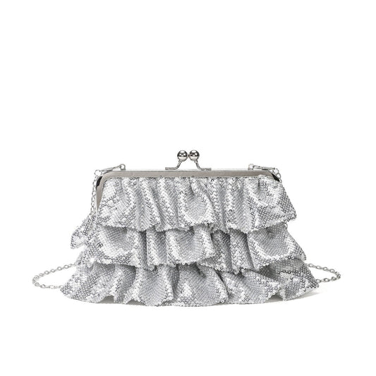 Silver Ruffle Sequin Clutch — Evening Bag with Chain Strap