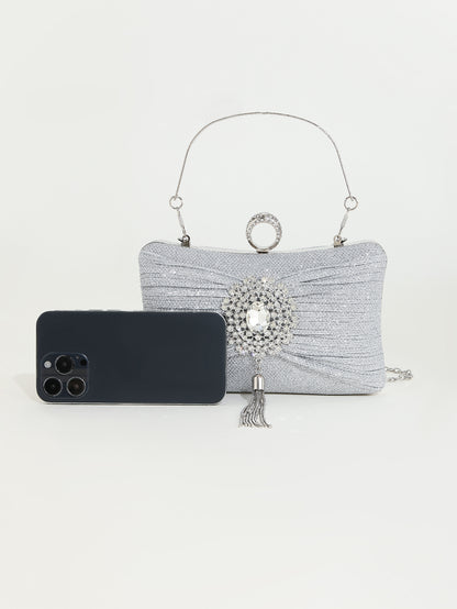 Crystal-Embellished Clutch — Sculpted Silver Shine