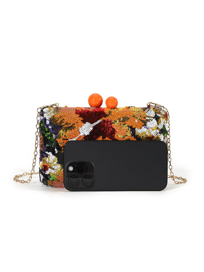 Floral Sequin Evening Clutch — Statement Chain Bag