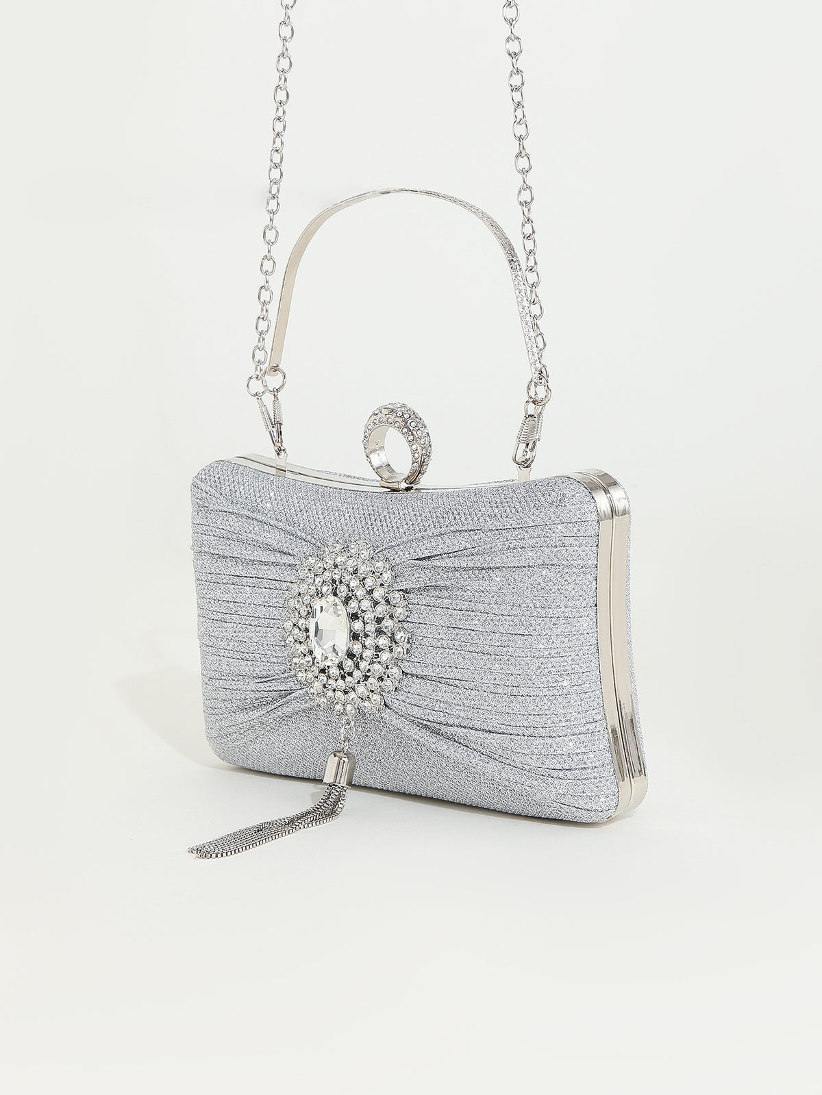 Crystal-Embellished Clutch — Sculpted Silver Shine