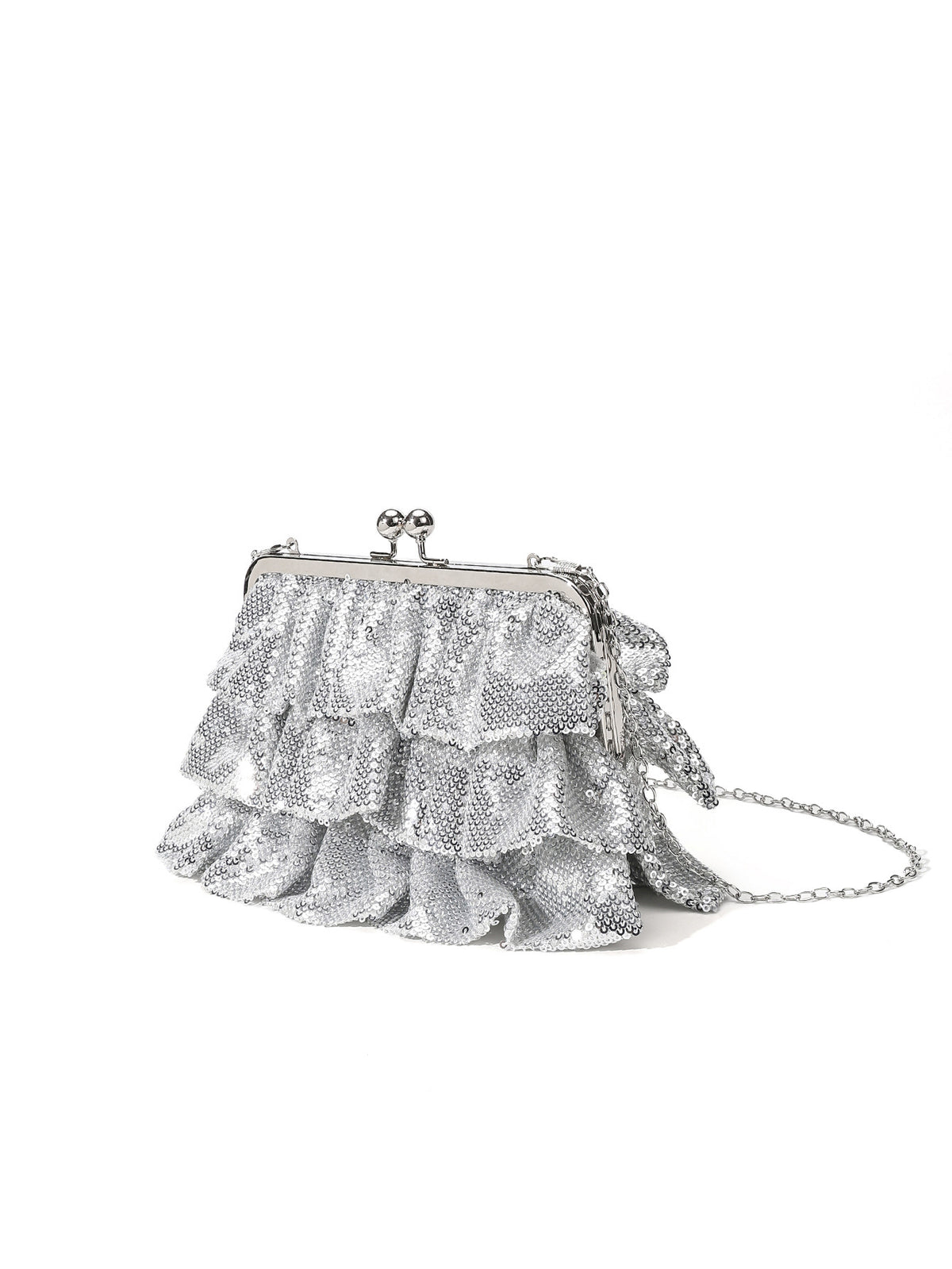 Silver Ruffle Sequin Clutch — Evening Bag with Chain Strap