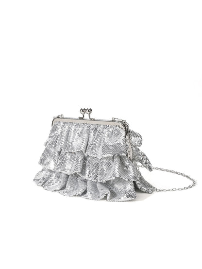 Silver Ruffle Sequin Clutch — Evening Bag with Chain Strap