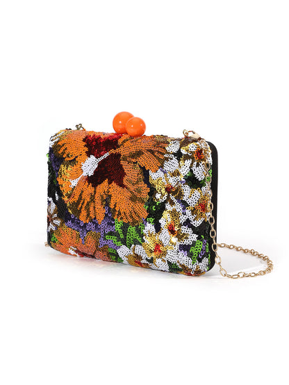 Floral Sequin Evening Clutch — Statement Chain Bag