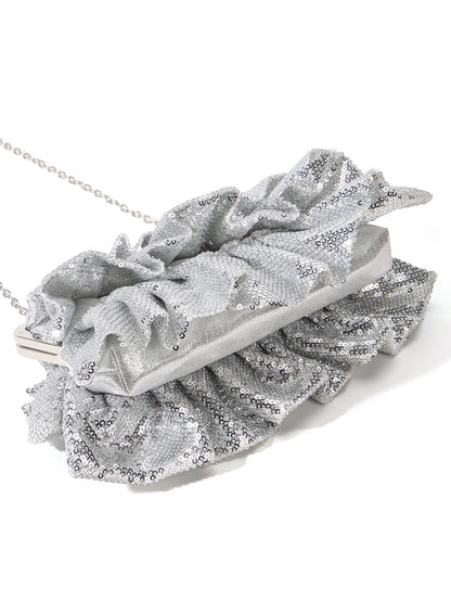 Silver Ruffle Sequin Clutch — Evening Bag with Chain Strap
