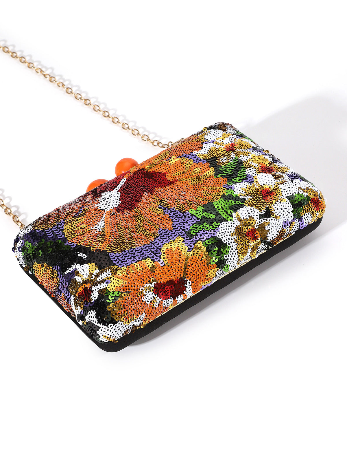 Floral Sequin Evening Clutch — Statement Chain Bag