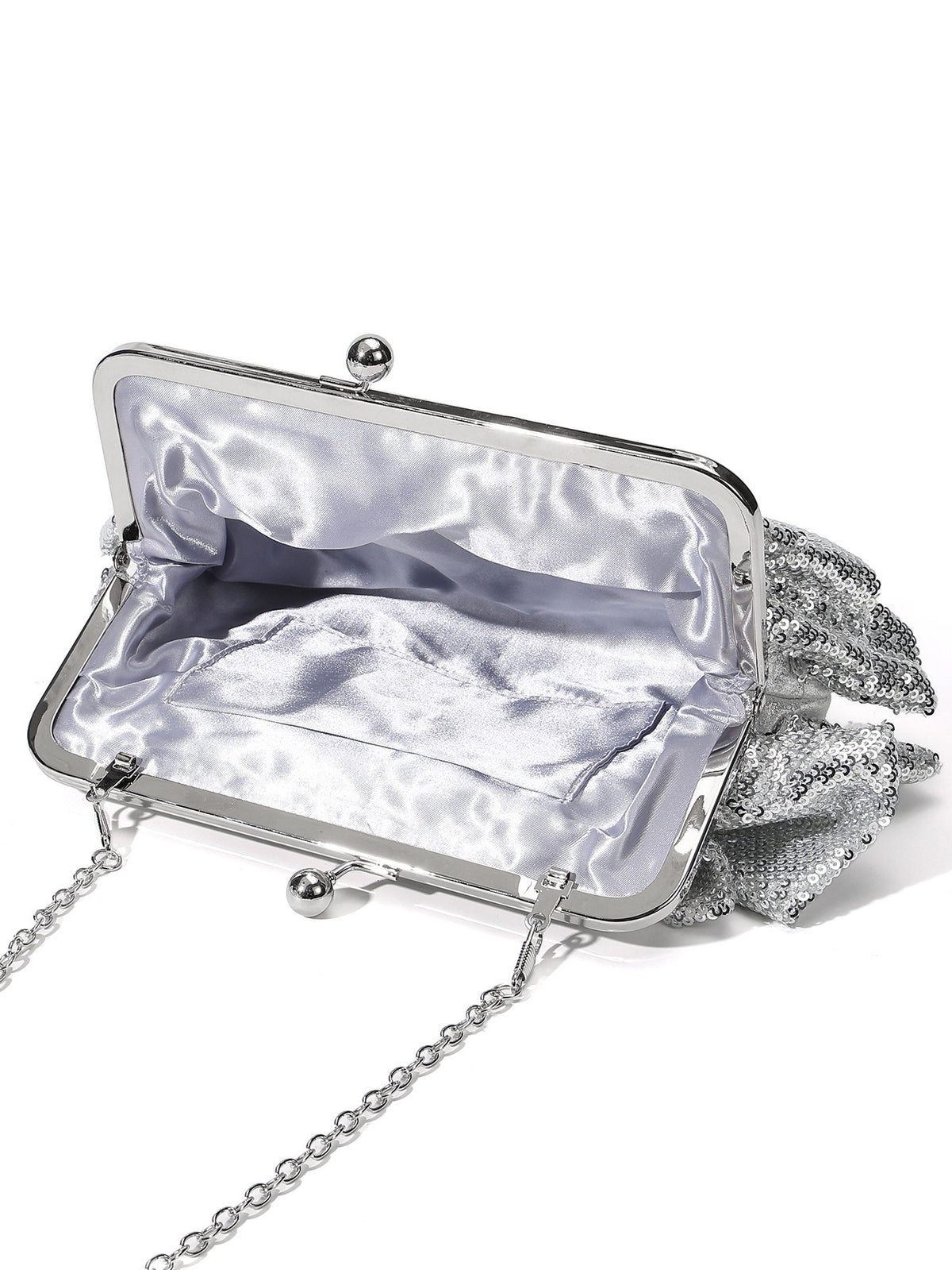Silver Ruffle Sequin Clutch — Evening Bag with Chain Strap