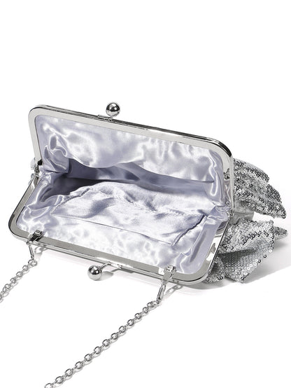 Silver Ruffle Sequin Clutch — Evening Bag with Chain Strap