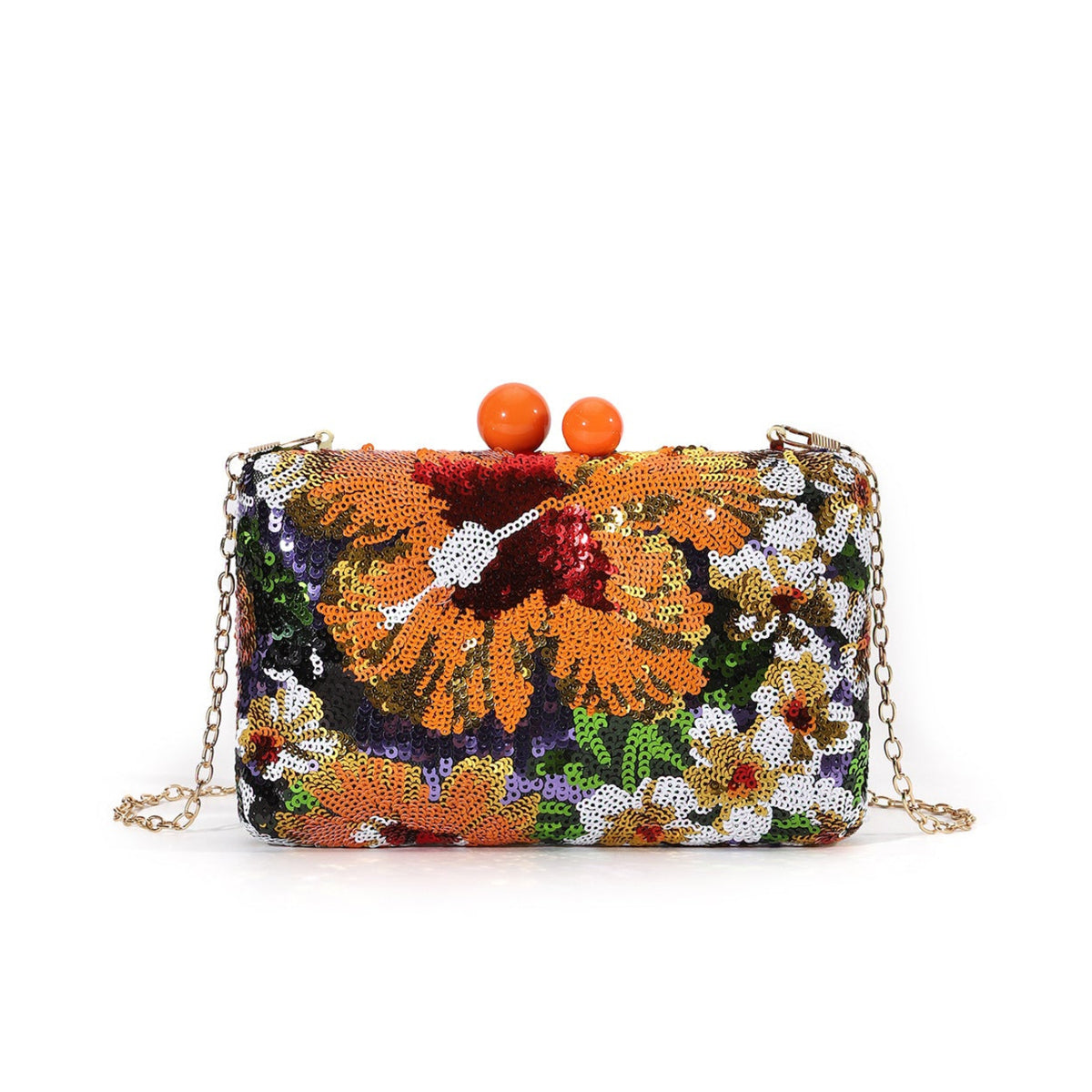 Floral Sequin Evening Clutch — Statement Chain Bag