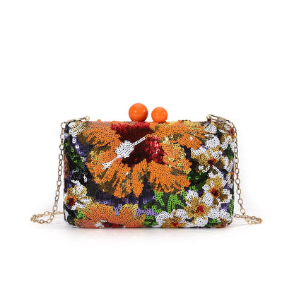 Floral Sequin Evening Clutch — Statement Chain Bag