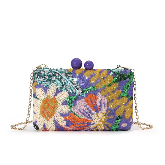 Floral Sequin Evening Clutch — Statement Chain Bag
