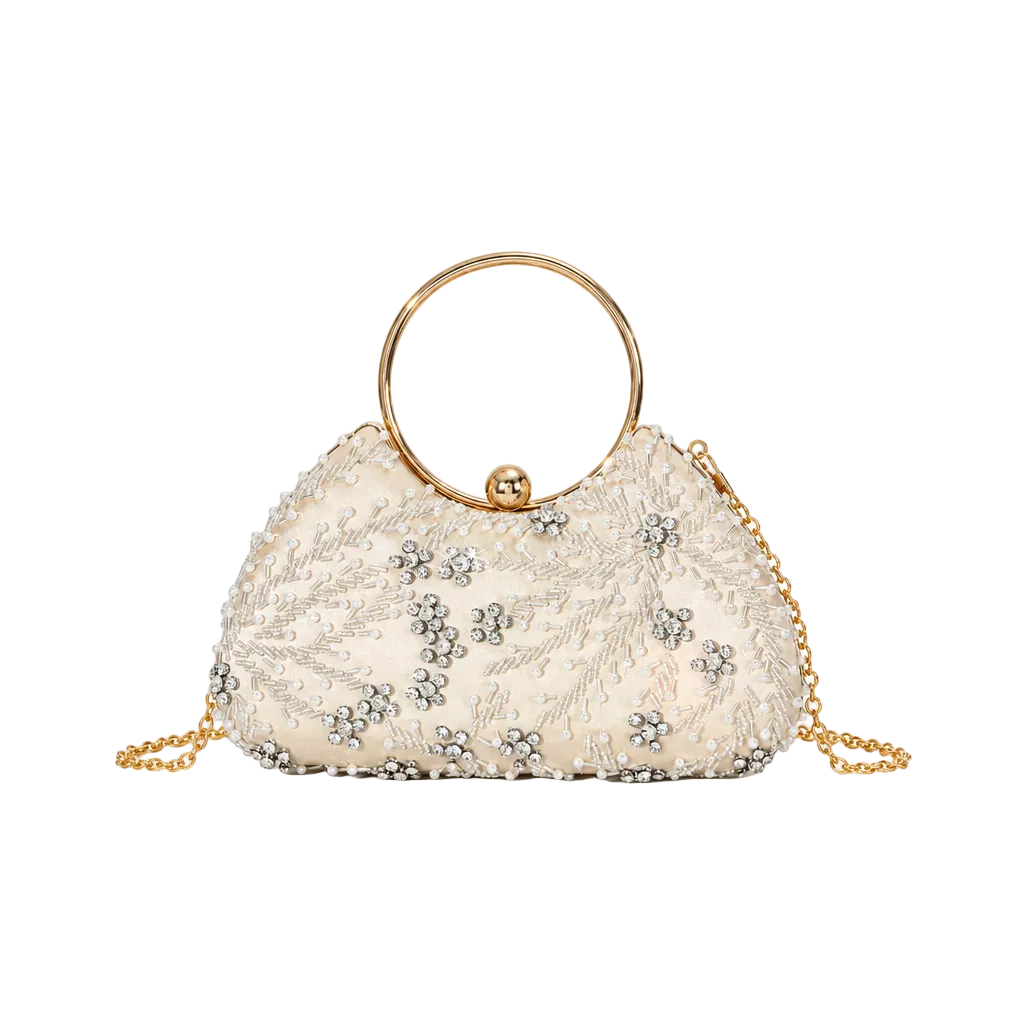 Pearl Ring Handle Bag — Beaded Floral Elegance