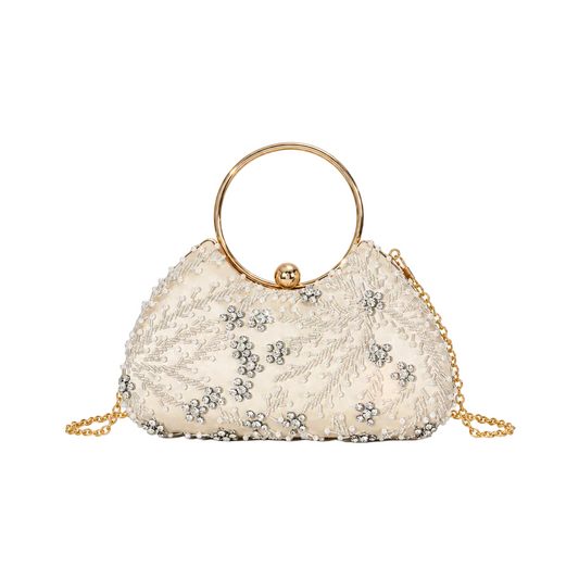 Pearl Ring Handle Bag — Beaded Floral Elegance