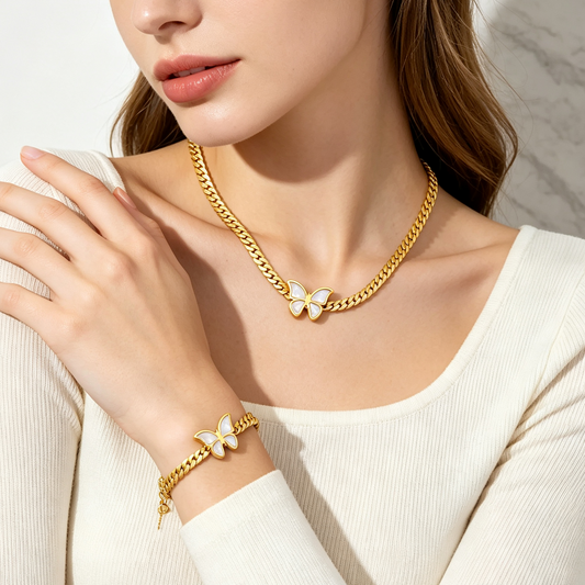 Gold Butterfly Jewelry Set for Women | Tarnish-Free Stainless Steel Necklace & Bracelet Gift Set