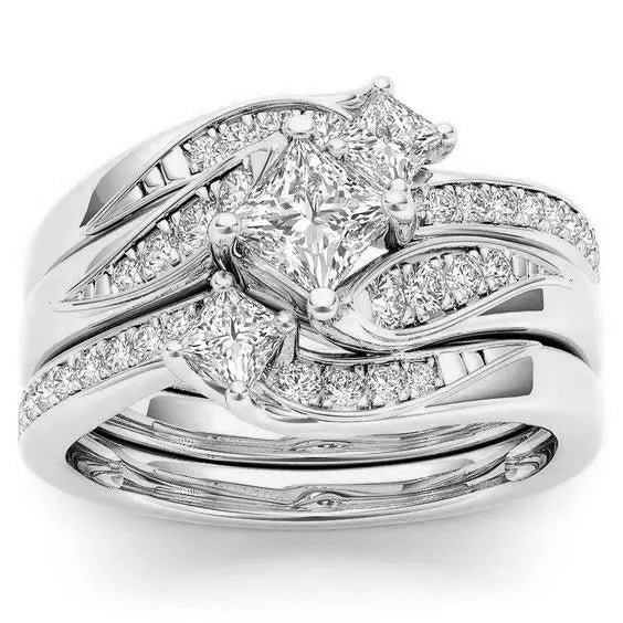 Princess Cut Moissanite Ring Set – Double Band Engagement Ring for Women