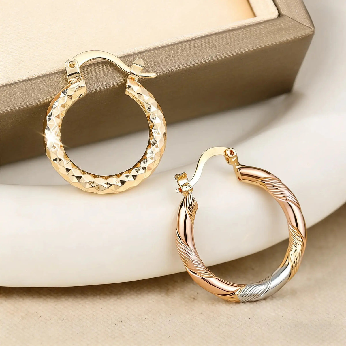 2 Pairs 14K Gold Plated Twisted Hoop Earrings for Women & Men | Lightweight Round Hoop Earrings