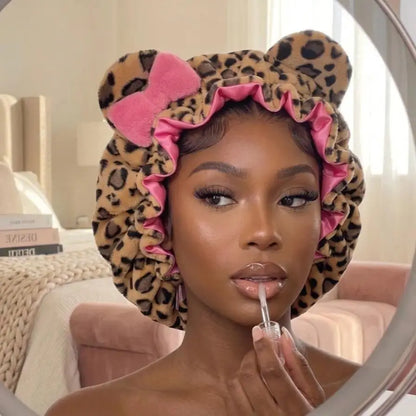 Leopard Satin Sleeping Bonnet | Plush Hair Protection Cap for Curly Hair & Night Care