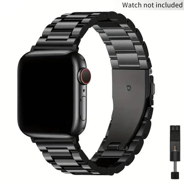 Stainless Steel Apple Watch Band – Three-Bead Link Metal Strap with Folding Clasp