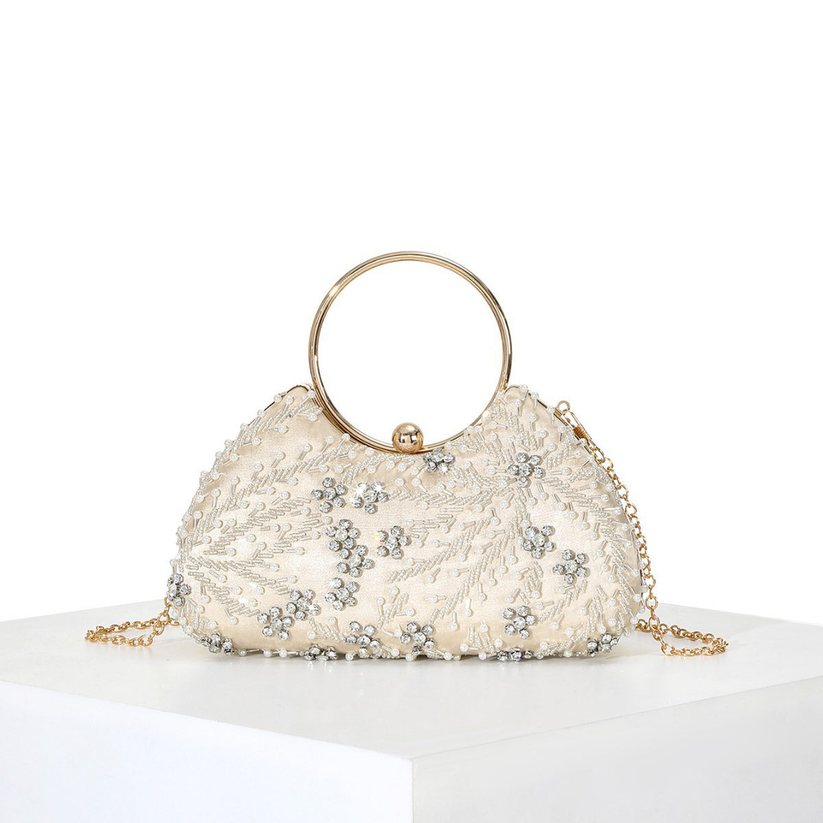 Pearl Ring Handle Bag — Beaded Floral Elegance