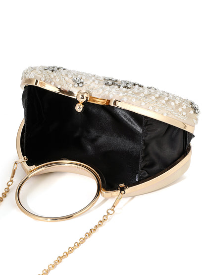 Pearl Ring Handle Bag — Beaded Floral Elegance