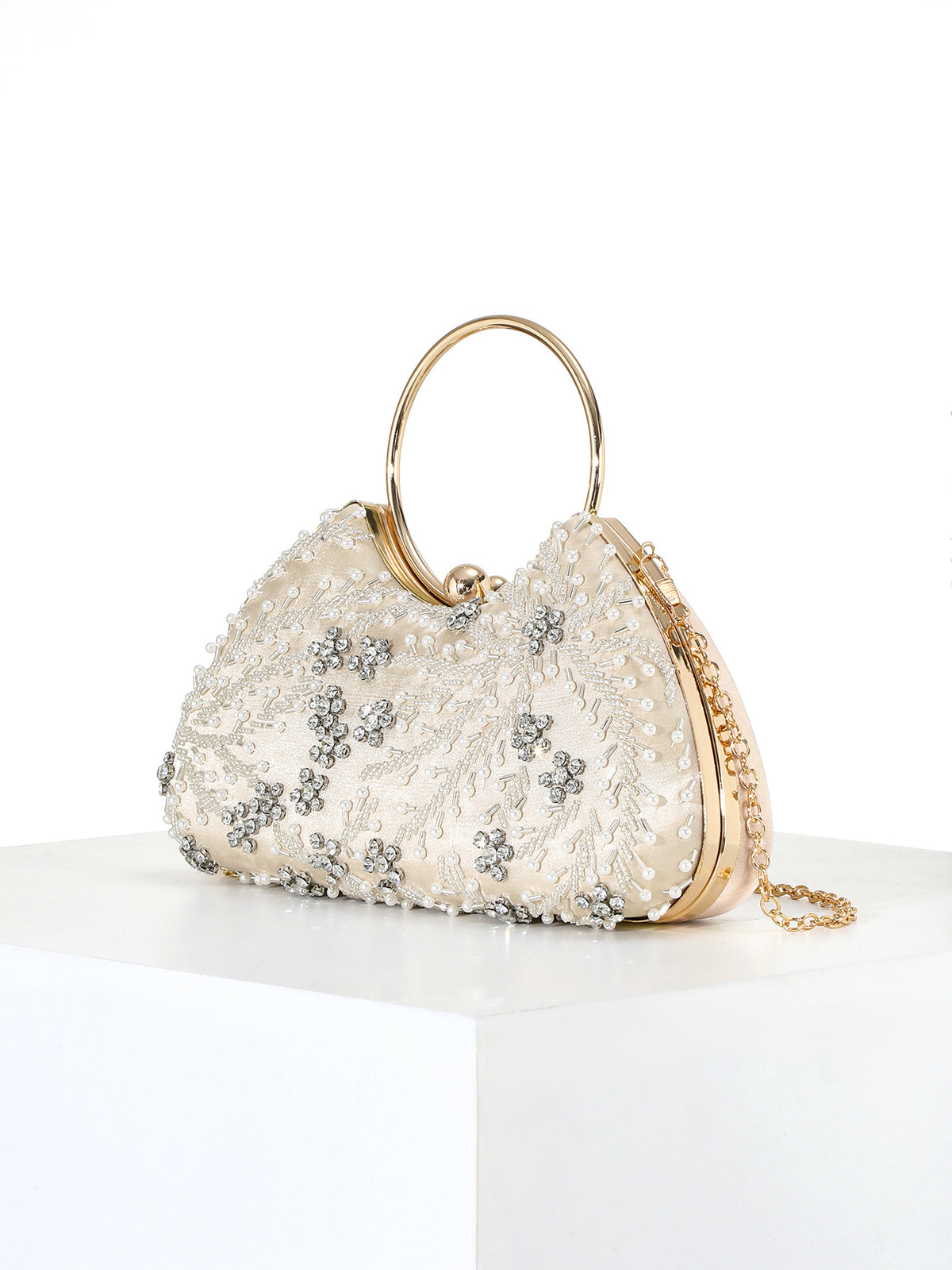 Pearl Ring Handle Bag — Beaded Floral Elegance