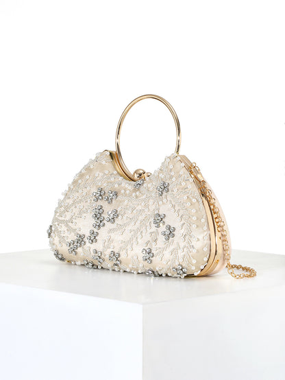 Pearl Ring Handle Bag — Beaded Floral Elegance