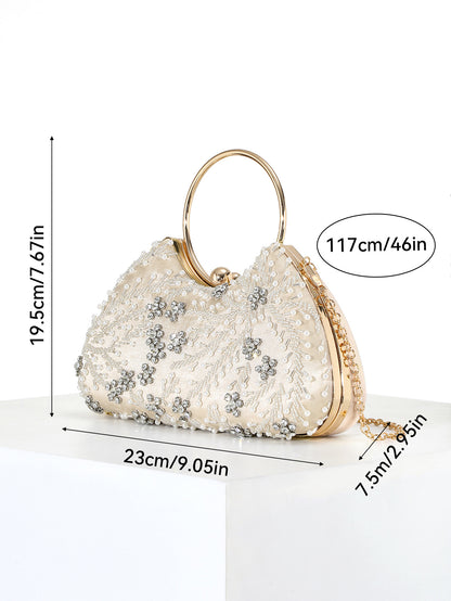 Pearl Ring Handle Bag — Beaded Floral Elegance