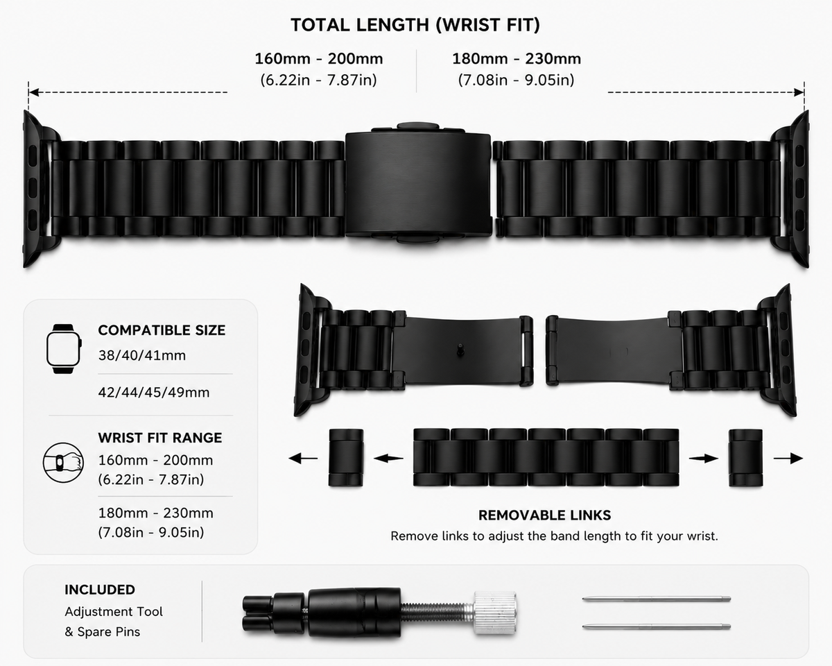 Stainless Steel Apple Watch Band – Three-Bead Link Metal Strap with Folding Clasp