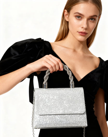 Crystal Handle Shimmer Bag — Structured Modern Elegance
