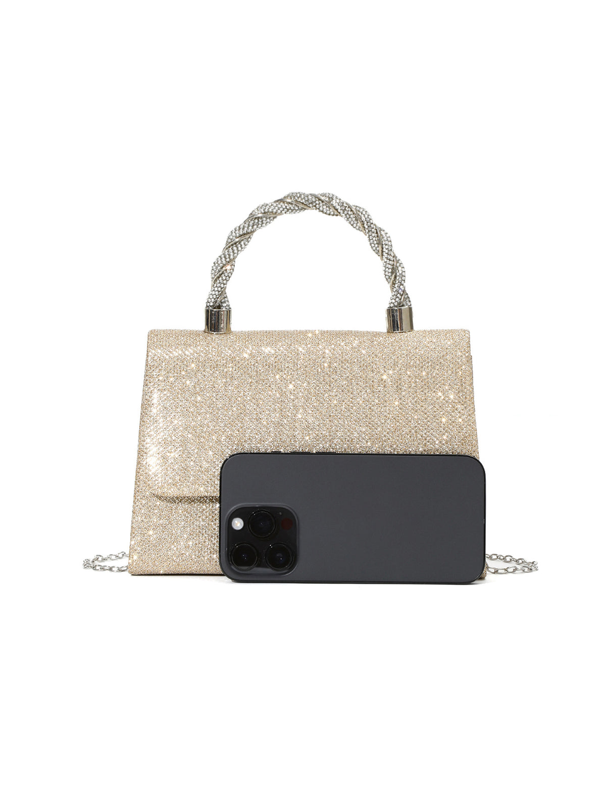 Crystal Handle Shimmer Bag — Structured Modern Elegance